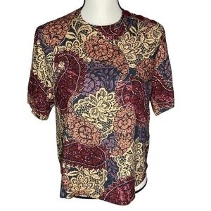 Vintage Intriguing Threads Top Lace and Paisley Print Rayon Short Sleeve Top